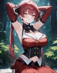 ai_generated armpits arms_behind_head arms_up belt black_bow black_bowtie blush bow bowtie breasts brooch cleavage closed_mouth detached_sleeves dmk_meow female gloves hair_ribbon heterochromia hololive houshou_marine large_breasts long_hair looking_at_viewer midriff nature navel no_shoes outdoors pleated_skirt red_eyes red_hair red_skirt ribbon sitting skirt sleeveless smile solo sweat twintails virtual_youtuber wariza wet yellow_eyes