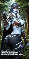 ai_generated ai_hands armor ass bikini_armor blue_skin breasts cape cleavage clothing colored_skin elf female female_only fingerless_gloves forest gloves glowing glowing_eyes hood jousneystudio large_breasts long_hair looking_at_viewer looking_back midriff nature outdoors pointed_ears red_eyes shoulder_armor shoulder_pads solo sylvanas_windrunner torn_clothes tree undead warcraft weapon web_address white_hair world_of_warcraft