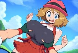 1boy ai_generated amourshipping breast_grab breasts female huge_breasts mullon muscular_male novelai pokemon pokemon_(anime) pokemon_journeys pokemon_protagonist pokemon_xy satoshi_(pokemon) serena_(pokemon)