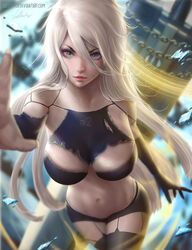 black_bra blue_eyes female large_breasts lolliedrop looking_at_viewer nier:_automata panties tagme very_long_hair white_hair yorha_a2