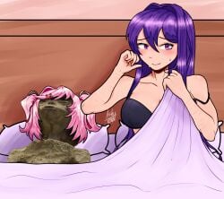 2girls 5_fingers ashytown bare_shoulders bed blanket blanket_grab bra breasts cleavage doki_doki_literature_club female female_only guy_tired_after_sex_(meme) healed_scars in_bed long_hair mexico_alien multiple_girls natsuki_(doki_doki_literature_club) pillow pink_hair purple_eyes purple_hair self_harm_scars yuri_(doki_doki_literature_club)