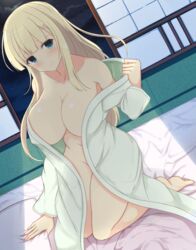 bed bedroom blonde_hair blue_eyes blunt_bangs blush breasts dutch_angle hairclip long_hair looking_at_viewer noeomi pillow robe senran_kagura sidelocks sitting smile tagme undressing window yomi_(senran_kagura)