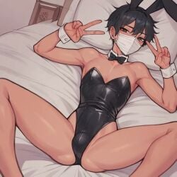 ai_generated anime_style black_eyes black_hair blush bunnysuit emo femboy horny latex_suit revealing_clothes spread_legs twink v_sign