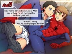 2boys blue_eyes clothed clothing dialogue gay green_eyes harry_osborn imminent_sex marvel marvel_comics muscular muscular_male penis peter_parker spider-man spider-man_(series) suiton text underwear