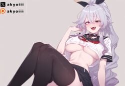 1girls ai_generated akyoi black_ribbon black_skirt black_thighhighs blue_eye blush fangs large_breast long_hair looking_at_viewer oc open_mouth original_character ponytail purple_eye red_ribbon ribbon school_uniform silver_hair sitting sitting_on_floor skirt tight_clothing tongue tongue_out underboob white_background