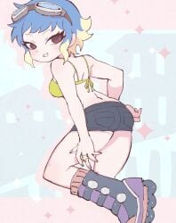 1girls blue_hair bra brown_eyes female goggles goggles_on_head green_bra hand_on_hip kneeling_on_one_leg looking_back partially_clothed ramona_flowers rear_view ring roller_skates scott_pilgrim short_hair shorts solo solo_female star star-shaped_pupils tetu yellow_hair