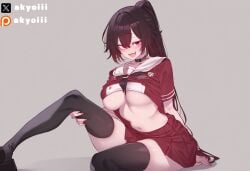 1girls ai_generated akyoi black_collar black_ribbon black_thighhighs blush brown_hair collar fangs grabbing_legs large_breast long_hair looking_at_viewer oc open_mouth original_character ponytail red_eyes red_skirt ribbon school_uniform sitting sitting_on_floor skirt spread_legs tight_clothing tongue tongue_out underboob white_background
