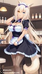 ai_generated blonde_hair blue_eyes cafe cat_ears cat_tail catgirl cleavage coconut_(sayori) gumi_arts heterochromia indoors large_breasts looking_at_viewer maid_uniform nekopara stable_diffusion thighs yellow_eyes