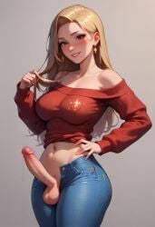 1futa ai_generated balls balls_out blonde_hair blush breasts clothed cowboy_shot dark_cultist denim dickgirl erect_penis erection futa_only futa_sans_pussy futanari hand_on_hip head_tilt jeans long_hair long_sleeves looking_at_viewer midriff navel no_panties open_fly open_pants pants parted_lips penis penis_out precum precum_drip self_upload simple_background smile solo solo_futa standing sweater testicles thick thick_thighs