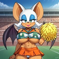 1girls ai_generated anthro bat bat_wings blue_eyeshadow breasts cheerleader cheerleader_uniform chiropteran eyeshadow facing_viewer female football_field green_eyes holding_object lipstick looking_at_viewer makeup midriff mobian_(species) navel outside panties pleated_skirt pom_pom_(cheerleading) rouge_the_bat skirt small_clothes smile sonic_(series) sonic_the_hedgehog_(series) stable_diffusion tight_clothing u.a._cheerleader_outfit underboob white_hair wings