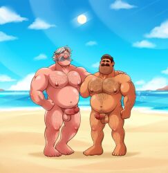 amputee bara beach bear crossover disney hairy_chest jaeger_clade looking_at_partner luca_(pixar_film) massimo_marcovaldo moobs moustache naked nipples penis pixar strange_world_(film) tagme tagme_(artist)