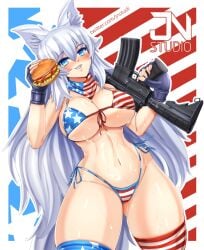 american_flag_bikini automatic_weapon blue_eyes blush burger butt_fang clothes_too_small cowboy_shot female gun jnstudio large_ass large_breasts lumi_(merryweather) scarf smile solo stars_and_stripes sweat sweating too_small_bikini virtual_youtuber vtuber white_fur white_hair wolf_ears wolf_girl wolf_tail