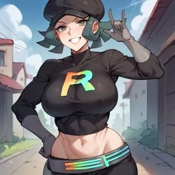 1girls ai_generated belt breasts cabbie_hat devil_horns_(gesture) gloves grin large_breasts long_sleeves midriff pokemon rainbow_rocket_grunt short_hair smile stable_diffusion team_rocket wide_hips