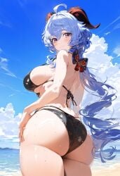 ai_generated artist_request beach big_ass big_breasts bikini blue_hair ganyu_(genshin_impact) genshin_impact horn