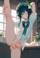 1boy ai_generated balls femboy genshin_impact looking_at_viewer no_panties penis solo splits standing standing_on_one_leg standing_split testicles tongue tongue_out twink venti_(genshin_impact) vertical_splits wink winking winking_at_viewer wysfl