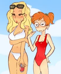 2girls breasts charlie's_girlfriend_(smiling_friends) cleavage glasses kumakumix kumix_blarg marge_simpson_(smiling_friends) smiling_friends swimwear zoey_(smiling_friends)