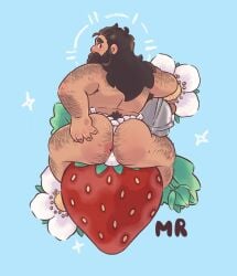 1boy anal_hair anus ass ass_focus bara beard between_buttocks blush brown_hair bulge dungeon_meshi dwarf facial_hair fake_horns flower food from_behind fruit full_beard full_body fundoshi hairy helmet highres horned_helmet horns japanese_clothes long_beard looking_at_viewer male_focus moustache mrmermaido oversized_food oversized_object plump presenting_ass profile senshi_(dungeon_meshi) sitting solo sparse_ass_hair spread_anus strawberry thick_arm_hair thick_back_hair thick_beard thick_eyebrows thick_leg_hair thick_mustache unworn_headwear unworn_helmet very_hairy very_long_beard white_flower