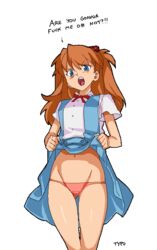 asuka_langley_sohryu blush clothing female flashing_panties neon_genesis_evangelion optionaltypo panties pink_panties school_uniform showing_panties skirt skirt_lift solo thigh_gap tsundere