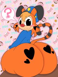 1boy 2000s_(style) 2000s_and_2010s_style :3 ? adorable anthro ass ass_focus back_view badge belt big_ass blush blush_stickers bobcat bonkers bonkers_(disney) bonkers_d._bobcat bottom_heavy bottomless candy chest_tuft clothed clothing cute_expression cute_sexy diagonal-striped_background digital_media_(artwork) disney disney_channel english_text floppy_ears fluffy fur gloves hair hat heart heart-shaped_pupils heart_tail hi_res huge_ass impact_(font) large_ass long_sleeves looking_at_viewer looking_back male male_focus male_only mammal meme pattern_background pink_background police question_mark raised_tail rear_view red_nose retro_artstyle round_ass self_upload shirt simple_background sitting sitting_on_chair solo solo_anthro solo_focus solo_male spotted_fur striped_background striped_tail svenniehoek tail tan_fur text thick_ass thick_thighs toony two-tone_body two-tone_fur white_background white_gloves