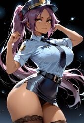 1girls ai_generated bleach dark-skinned_female dark_skin pencil_skirt police police_hat police_uniform policewoman ponytail purple_hair shihouin_yoruichi thick_thighs yellow_eyes