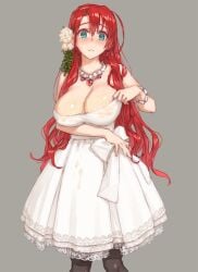 bare_shoulders boudica_(fate) boudica_(formal_dress)_(fate) bracelet breasts brown_pantyhose cleavage cum cum_on_body cum_on_breasts dress earrings fate/grand_order fate_(series) female flower green_eyes hair_flower hair_ornament hairband jewelry large_breasts long_hair looking_at_viewer necklace pantyhose red_hair shoe-ji solo thighs white_dress