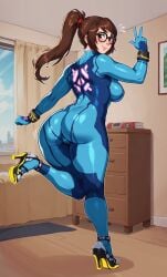 ai_generated ass bodysuit bracelet breasts brown_eyes brown_hair cosplay cute female glasses high_heels large_breasts long_hair looking_at_viewer looking_back mei_(overwatch) overwatch overwatch_2 ponytail samus_aran_(cosplay) skin_tight smile solo thick_thighs thighs v zero_suit