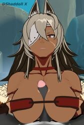 1girls 3d abs big_breasts big_penis crossover dark-skinned_female disgusted eyepatch female genshin_impact ghislaine_dedoldia hilichurls_(species) mushoku_tensei paizuri pubic_hair shaddoll_x small_bra titfuck_under_clothes titjob