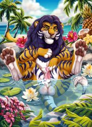 absurd_res beach bodily_fluids cum felid feline feral genital_fluids hi_res hybrid khajiit kovu_muabdib liger male mammal microsoft pantherine paws solo the_elder_scrolls tiger water xtreme3246