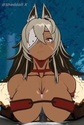 1girl 3d abs big_breasts crossover cum cum_in_breasts cum_on_breasts dark-skinned_female disgusted eyepatch genshin_impact ghislaine_dedoldia hilichurls_(species) mushoku_tensei paizuri pubic_hair shaddoll_x small_bra titfuck_under_clothes titjob