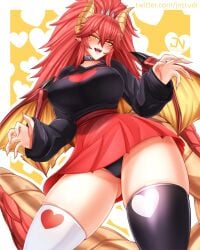 1girls big_ass big_breasts blush choker cowboy_shot dragon dragon_wings female horns jnstudio miniskirt mismatched_legwear red_hair seductive simple_background solo tail thick_thighs thighhighs virtual_youtuber vshojo yellow_eyes zentreya