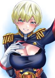 anti-demon_corps_uniform black_bra blonde_hair blonde_hair blue_eyes boob_window bra cleavage earring gloves izumo_tenka large_breasts mato_seihei_no_slave short_hair showing_breasts single_earring smile smiling_at_viewer wanzi_(99wanzi99)