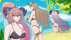 3girls alternate_costume ass back backboob bare_arms bare_back bare_shoulders bare_thighs beach big_ass bikini black_bikini black_swimsuit blue_hair breasts cleavage collarbone female female_only fire_emblem fire_emblem_heroes flower freyja_(fire_emblem) freyja_(summer)_(fire_emblem) grey_hair gullveig_(fire_emblem) gullveig_(summer)_(fire_emblem) hair_flower hand_on_own_chest heart-shaped_pupils horns large_breasts long_hair looking_at_viewer looking_back mature mature_female medium_breasts multicolored_hair multiple_girls nerthuz_(fire_emblem) nerthuz_(summer)_(fire_emblem) nintendo ocean official_alternate_costume orange_hair outdoors palm_tree pink_hair ponytail purple_eyes shoulders single_horn sitting smile soleil_azure swimsuit symbol-shaped_pupils thighs tree upper_body very_long_hair white_bikini white_swimsuit yellow_bikini yellow_eyes yellow_swimsuit