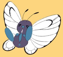 >_< 1boy antennae anus ass big_feet blue_penis butterfly butterfree closed_eyes cum feet hands_on_chest insect male male_only nintendo no_humans on_back penis pokemon pokemon_rgby purple_skin sapphicespeons solo wings yellow_background