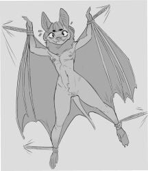 anthro bat bat_ears bat_wings bondage bondage bound digital_media_(artwork) female flat_chested fur genitals hair hi_res lightningwolt looking_at_viewer mammal membrane_(anatomy) membranous_wings nipples nude nude_anthro nude_female pussy restraints simple_background smile solo tail winged_arms wings