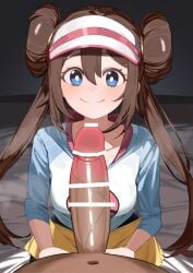 1boy absurdres bar_censor blue_eyes breasts brown_hair censored closed_mouth collarbone commentary_request dark-skinned_male dark_skin double_bun doughnut_hair_bun female hair_between_eyes hair_bun highres long_hair looking_at_viewer medium_breasts nakare2845 navel penis pokemon pokemon_bw2 pov pov_crotch raglan_sleeves rosa_(pokemon) sidelocks smile straight twintails visor_cap