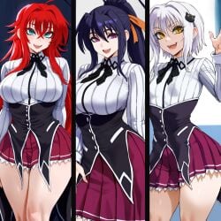 3girls ai_generated aipotions akeno_himejima big_breasts black_hair blue_eyes breasts high_school_dxd koneko_toujou light-skinned_female long_hair looking_at_viewer multiple_girls open_mouth red_hair rias_gremory school_uniform smile thick_thighs thighs