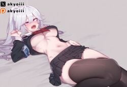 1girls ai_generated akyoi black_skirt black_thighhighs blush fangs large_breast long_hair looking_at_viewer lying lying_down lying_on_back oc open_mouth original_character ponytail purple_eyes red_ribbon ribbon school_uniform silver_hair skirt tight_clothing tongue tongue_out underboob white_background