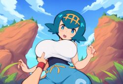 1boy 1girls ai_generated alternate_breast_size breast_grab breasts curvy_figure female from_below huge_breasts human lana_(pokemon) low-angle_view mullon novelai pokemon pokemon_(anime) pokemon_journeys pokemon_sm pov satoshi_(pokemon) trial_captain