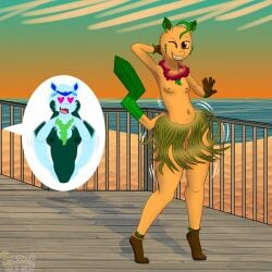 absurd_res anklet anthro beach blue_body blue_fur blue_hair breasts brown_body brown_eyes brown_fur clothed clothing cutaway dancing duo ear_piercing ear_ring eeveelution expression_cutaway female flower_garland fur generation_4_pokemon genitals glaceon grass_skirt green_body green_fur hair heart_eyes heart_symbol hi_res hula_dancer jewelry leafeon lei lisa_devellis marissa_reinhart motion_lines navel nintendo nipples one_eye_closed piercing plump_labia pokemon pokemon_(species) pussy ring_piercing scoutthecat02 sea small_breasts smile sunset tail tail_motion tailwag tan_body tan_fur topless water wink