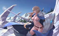 1girls armor bangs belt bigrbear blonde_hair blue_cape blue_eyes blue_sky breasts cape casual_nudity closed_mouth contrapposto cowboy_shot female female_only glint greaves hair_between_eyes headpiece highres holding holding_sword holding_weapon long_hair long_sword medium_breasts mostly_nude naked_cape navel nipples original pussy shield sky snow solo standing sword uncensored warrior weapon