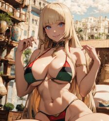 ai_generated bikini bikini_bottom bikini_top blonde_female blonde_hair blonde_hair_female blue_eyes caucasian_female curvaceous curvy curvy_female curvy_figure cute emilie_de_rochefort female female_focus female_only french french_female hime_cut lipstick looking_at_viewer makeup namco pan-african_flag pov pov_eye_contact smile smiling smiling_at_viewer sunlight tekken tekken_8 thick wet