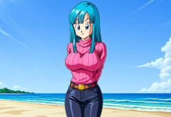 ai_generated arms_behind_back blue_eyes blue_hair civitai dragon_ball dragon_ball_z knitted_sweater large_breasts long_hair maron sweater