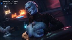 1boy 1girls 3d alien alien_girl areolae asari big_breasts bioware blue_body blue_skin boobjob breasts cum cum_on_breasts dark-skinned_male dark_skin exposed_breasts huge_breasts indoors interracial large_breasts looking_at_partner mass_effect matriarch_benezia milf nipples paizuri squish squished_breasts titfuck titjob tomoganim