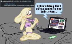 2024 4chan anthro bed belt biped blush blush_lines clothed clothing computer dialogue electronics english_text fan_character female furniture head_tuft inside kneeling lagomorph laptop leporid looking_at_object mammal molly_(roommates) on_bed panties rabbit roommates:motha scut_tail sex_toy shirt short_tail sitting sitting_on_bed solo soulcentinel speech_bubble spot_color tail tank_top text topwear tuft underwear underwear_only vibrator whiskers