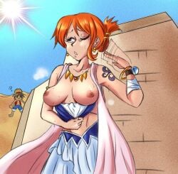 alabasta arabasta_saga artist_request big_breasts curvy_female female male monkey_d_luffy nami nami_(one_piece) nipples one_piece orange_hair pre-timeskip sweat sweatdrop tattoo