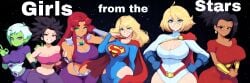 6girls ai_generated alien alien_girl alien_only black_hair blonde_hair caulifla cheelai covered_nipples crossover curvy dc dc_comics dragon_ball dragon_ball_super eastern_and_western_character english_text female female_only huge_breasts kale koriand'r kryptonian large_breasts mullon multiple_girls novelai power_girl saiyan starfire supergirl superheroine superman_(series) tamaranean teen_titans text thick_thighs wide_hips