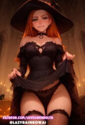 ai_assisted ai_generated ben_10 cartoon_network gwen_tennyson halloween hi_res kittew_(style) lifting_skirt panties sadtomato upskirt witch witch_costume