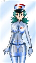 1girls blue_bra blue_dress blue_hair blue_lingerie blue_panties bra bracelets breasts brown_eyes choker dress female female_only fully_clothed garter_belt garter_straps hypnosis large_breasts lingerie looking_at_viewer midriff mind_control nintendo officer_jenny_(pokemon) panties panties_visible_through_clothing pokeball pokemon police police_hat police_officer police_uniform policewoman revealing_clothes rosvo see-through see-through_dress shiny_clothes short_hair thighhighs tight_clothing translucent_clothing transparent_clothing zipper_dress zipper_pull_tab