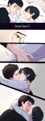2boys aged_up batman_(series) blue_eyes chain247 damian_wayne dc dc_comics dick_grayson french_kiss gay gay_kissing green_eyes hand_on_face hugging kissing making_out male male/male nightwing robin_(damian_wayne) robin_(dc) sleeping tongue_kiss waking_up yaoi