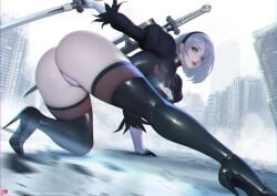 1girls alternate_version_at_source android ass big_breasts blue_eyes digital_media_(artwork) female female_only high_heel_boots high_heels looking_at_viewer looking_back nier:_automata nier_(series) sade_abyss solo stockings sword thigh_boots thighs white_hair yorha_2b